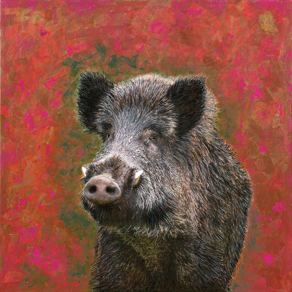 Handgemaltes Wildschwein Original-Leinwandbild von Kathrin Thiede, moderne Jagd-Collage im Landhausstil, Unikat als edle Wanddekoration für Jäger und Naturfreunde auf Galerie-Keilrahmen.