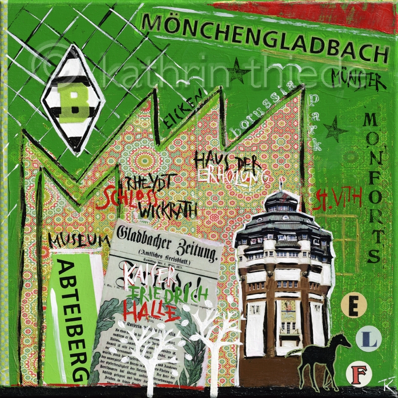 Original-Collage auf Leinwand "Mönchengladbach"